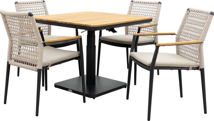Qopps Zamin in hoogte verstelbare tafel met 4 Indra stapelbare tuinstoelen