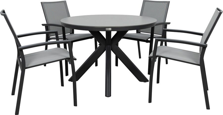 Qopps Ziggy tuintafel met 4 Tampa stapelbare tuinstoelen