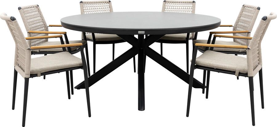 Qopps Ziggy tuintafel met 6 Indra stapelbare tuinstoelen beige