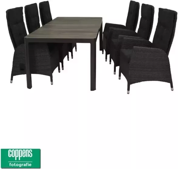 Qopps Queens tuintafel 220 antraciet met 6 tuinstoelen Manhattan