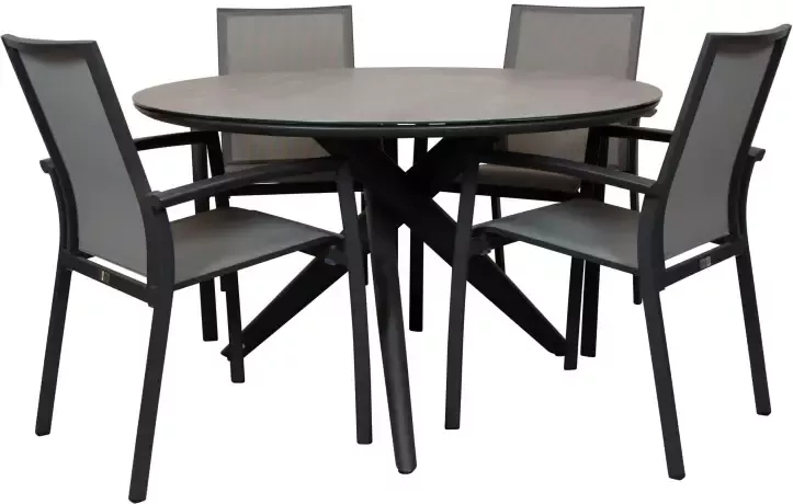 Qopps Zukla 120 cm rond tuintafel met Tampa stapelbare tuinstoel