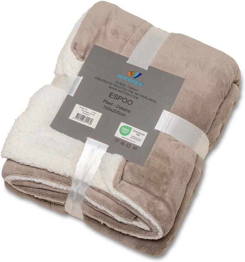 Wicotex Plaid-deken Espoo taupe Coral fleece met zachte binnenzijde van sherpa 150x200cm