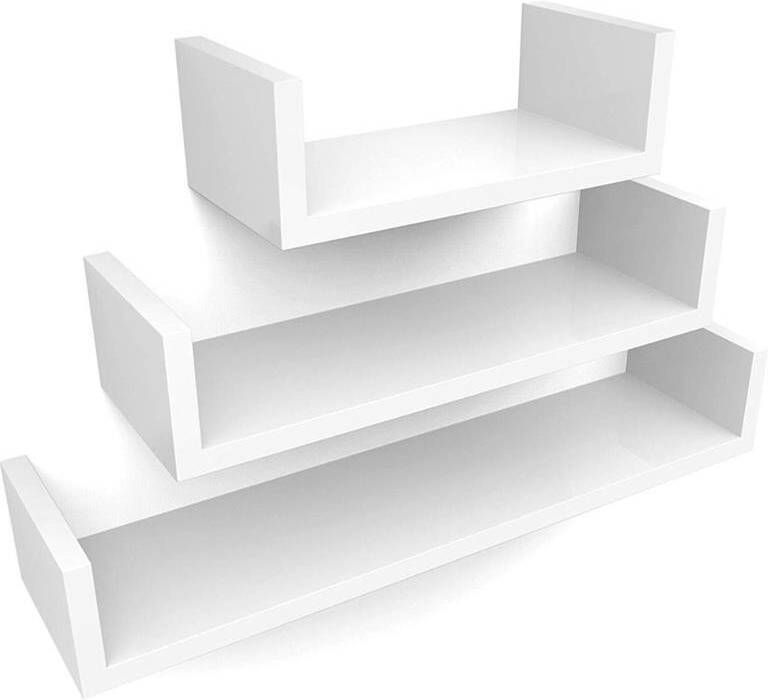Acaza Set van 3 Boekenplanken U-vormige Wandplank Glanzend Wit