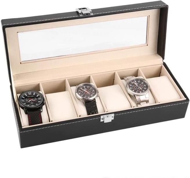 Aretica Horlogebox Luxe met 6 horloge compartimenten zwart