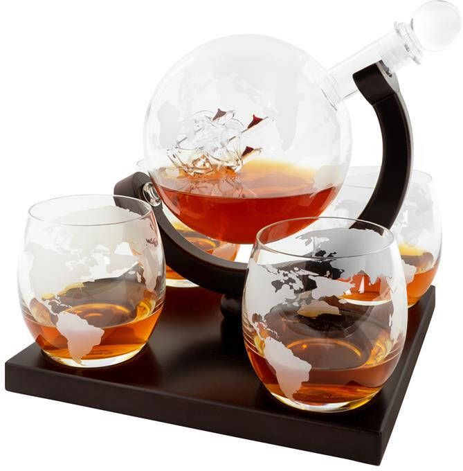 Aretica Luxe Whiskey Karaf wereldbol met 4 glazen
