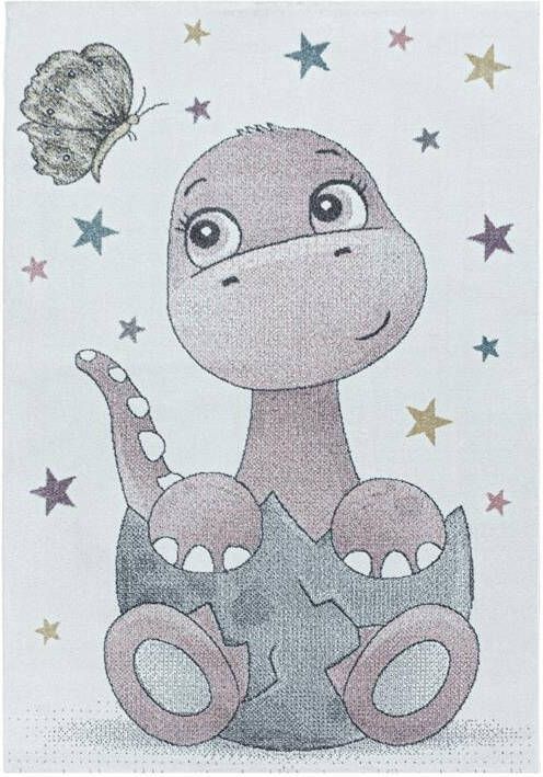 Decor24-AY Vrolijk kinderkamer vloerkleed Funny Dino roze 120x170 cm