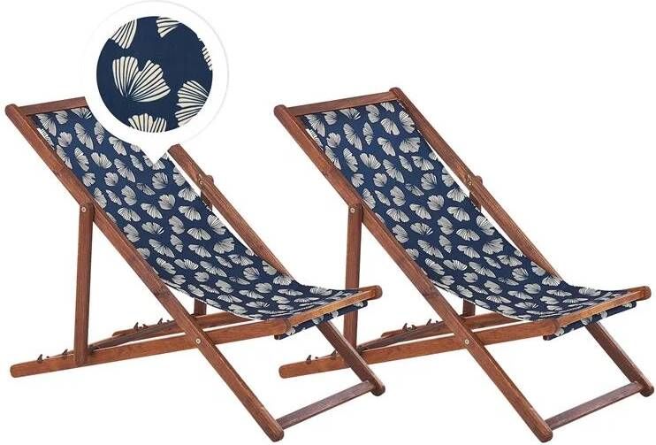 Beliani ANZIO Strandstoel set van 2 Donkerhout|Bloemen|Blauw Polyester