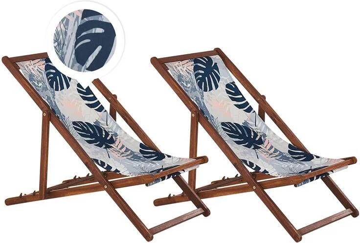 Beliani -ANZIO -Strandstoel set van 2-Donkerhout|Palm|Blauw-Polyester