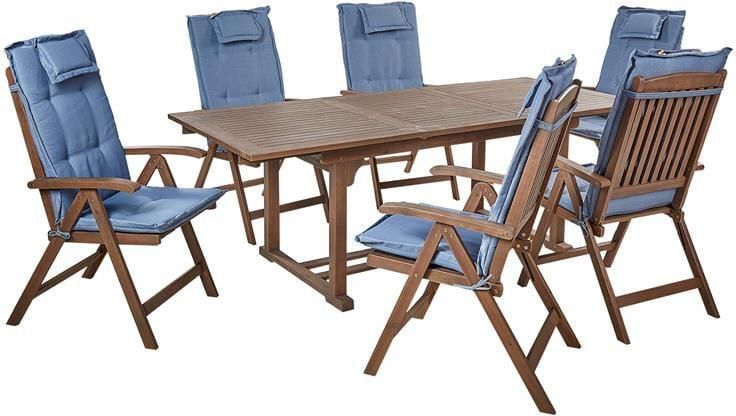 Beliani AMANTEA Tuinset voor 6 Donkerhout|Blauw Acaciahout