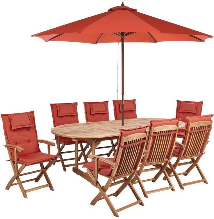Beliani -MAUI II-Tuinset voor 8 met parasol-Lichthout|Rood-Acaciahout