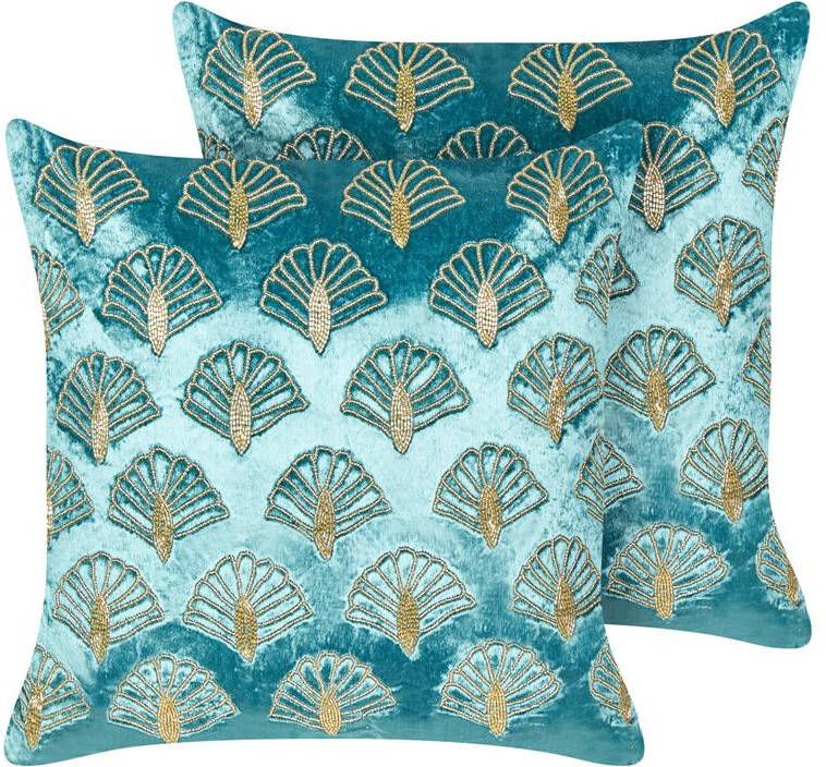 Beliani -PANDOREA-Sierkussen set van 2-Turquoise|Goud- 45 x 45 cm