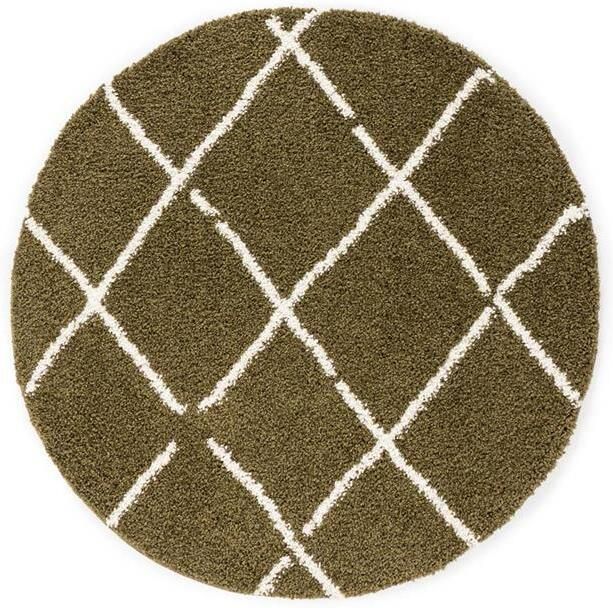 Boho&me Rond hoogpolig vloerkleed ruiten Artisan olijfgroen wit 300 cm rond - Foto 2