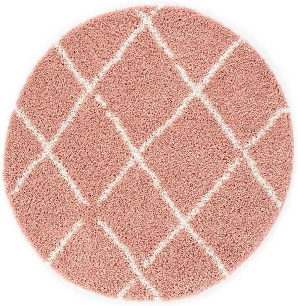 Boho&me Rond hoogpolig vloerkleed ruiten Habitat roze wit 280 cm rond - Foto 2