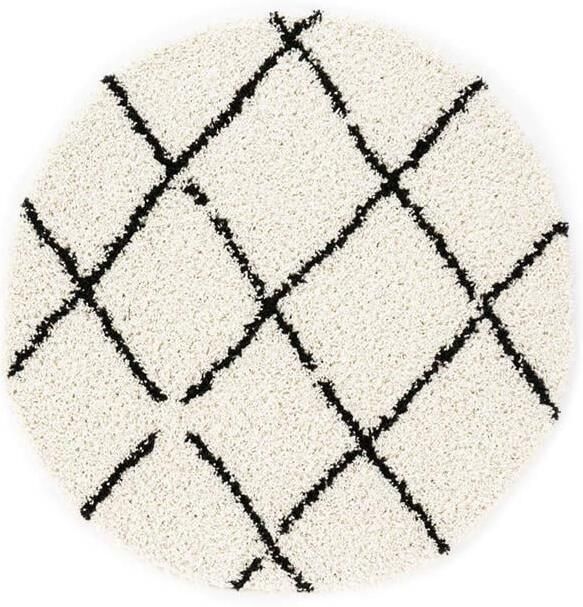 Boho&me Rond hoogpolig vloerkleed ruiten Habitat wit zwart 100 cm rond - Foto 2