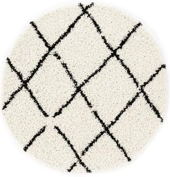 Boho&me Rond hoogpolig vloerkleed ruiten Habitat wit zwart 280 cm rond - Foto 2