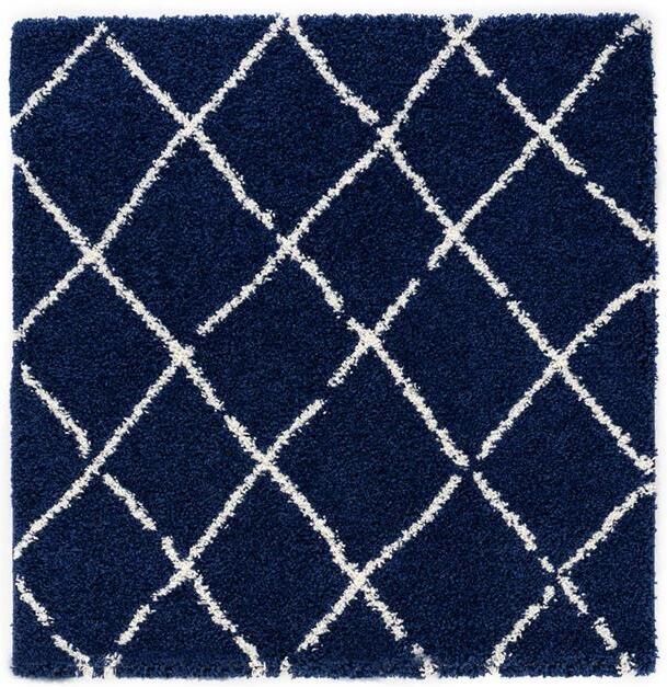 Boho&me Vierkant hoogpolig vloerkleed ruiten Habitat marineblauw wit 280x280 cm - Foto 2