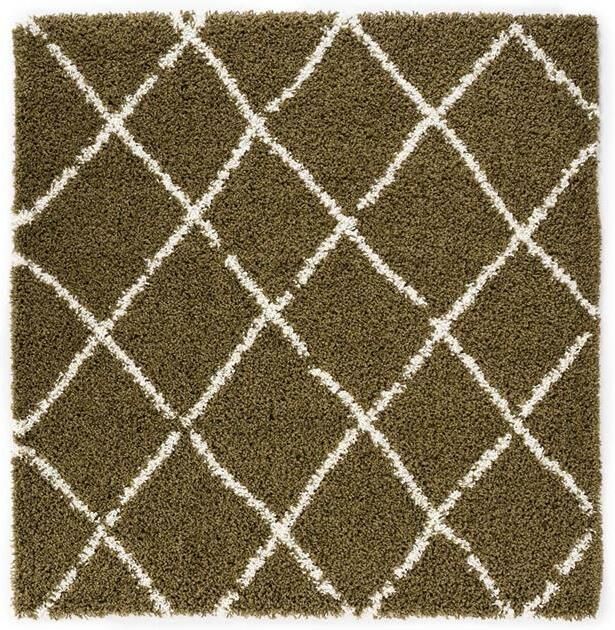 Boho&me Vierkant hoogpolig vloerkleed ruiten Habitat olijfgroen wit 100x100 cm - Foto 2