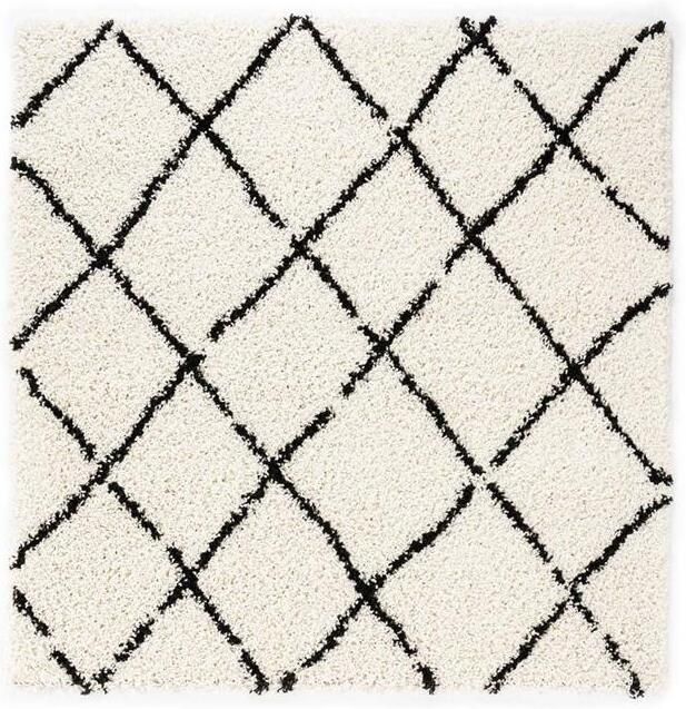 Boho&me Vierkant hoogpolig vloerkleed ruiten Habitat wit zwart 280x280 cm - Foto 2