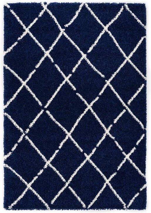 Boho&me Hoogpolig vloerkleed ruiten Artisan marineblauw wit 60x110 cm - Foto 2