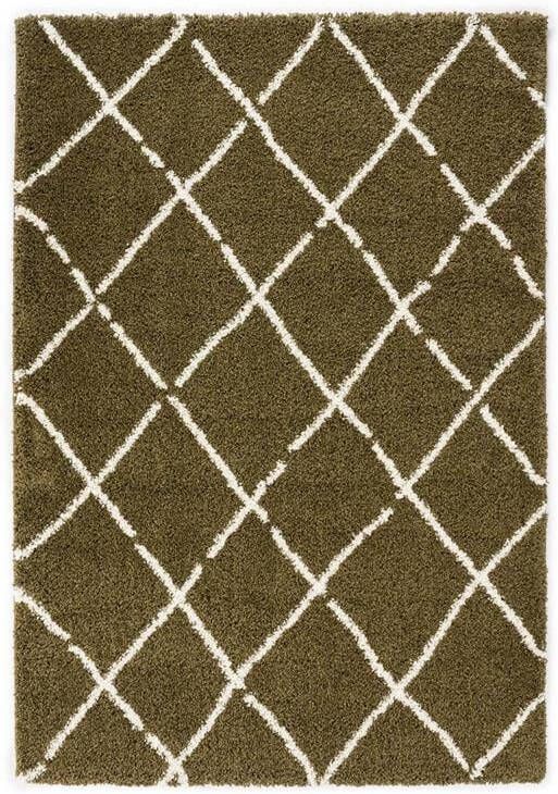 Boho&me Hoogpolig vloerkleed ruiten Artisan olijfgroen wit 200x300 cm - Foto 2