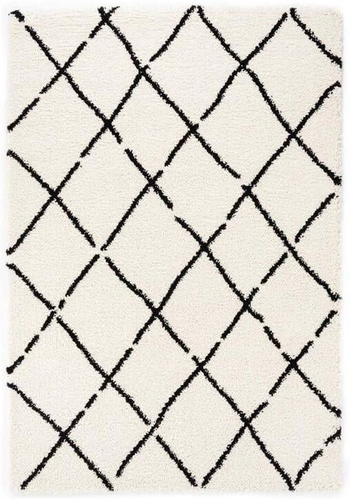 Boho&me Hoogpolig vloerkleed ruiten Artisan wit|zwart 100x200 cm