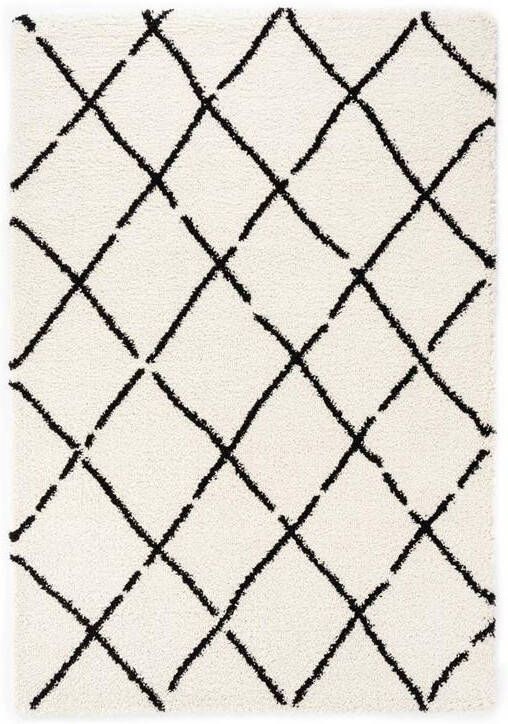 Boho&me Hoogpolig vloerkleed ruiten Artisan wit|zwart 120x170 cm