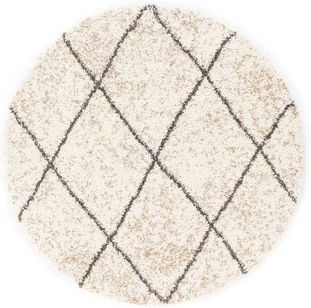 Boho&me Rond hoogpolig vloerkleed geruit Artisan wit|grijs 80 cm