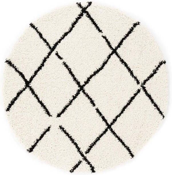 Boho&me Rond hoogpolig vloerkleed ruiten Artisan wit zwart 100 cm rond - Foto 2
