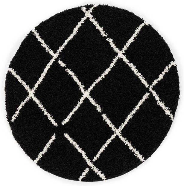 Boho&me Rond hoogpolig vloerkleed ruiten Habitat zwart wit 300 cm rond - Foto 2