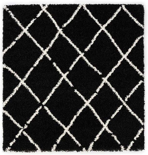 Boho&me Vierkant hoogpolig vloerkleed ruiten Artisan zwart wit 100x100 cm