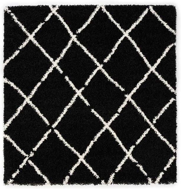 Boho&me Vierkant hoogpolig vloerkleed ruiten Artisan zwart wit 140x140 cm