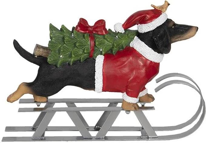 Clayre & Eef Kerstdecoratie Beeld Hond 40x10x28 cm Bruin Rood