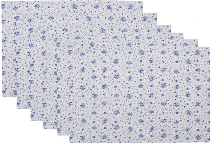 Clayre & Eef Placemats Set van 6 48x33 cm Wit Blauw Katoen Rechthoek