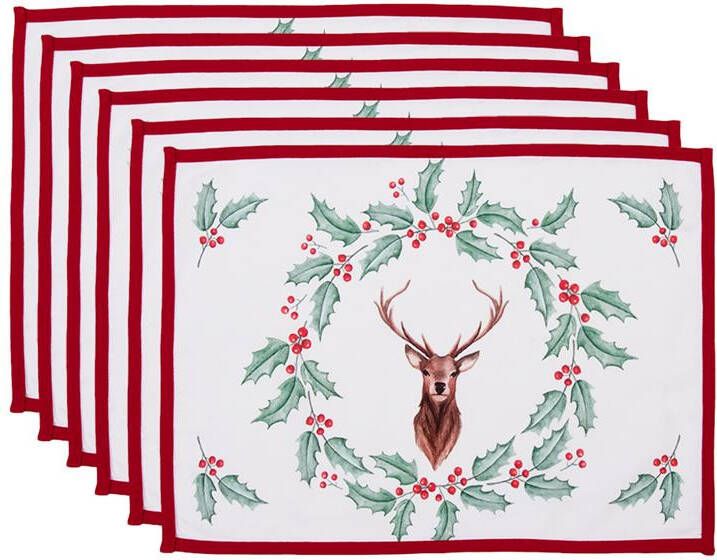 Clayre & Eef Placemats Set van 6 48x33 cm Wit Rood Katoen Rechthoek
