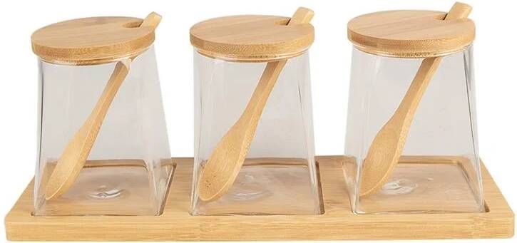Clayre & Eef Voorraadpot Set van 3 7x7x10 cm Transparant Glas Hout