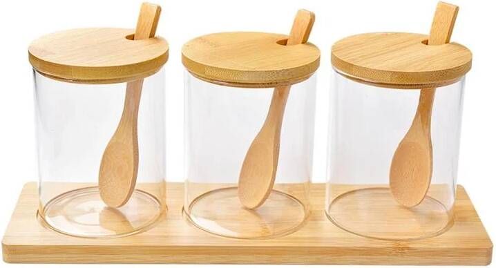 Clayre & Eef Voorraadpot Set van 3 Ø 8x10 cm Transparant Glas Hout