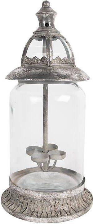 Clayre & Eef Windlicht 44 cm Zilverkleurig Ijzer Glas Kaarsenhouder