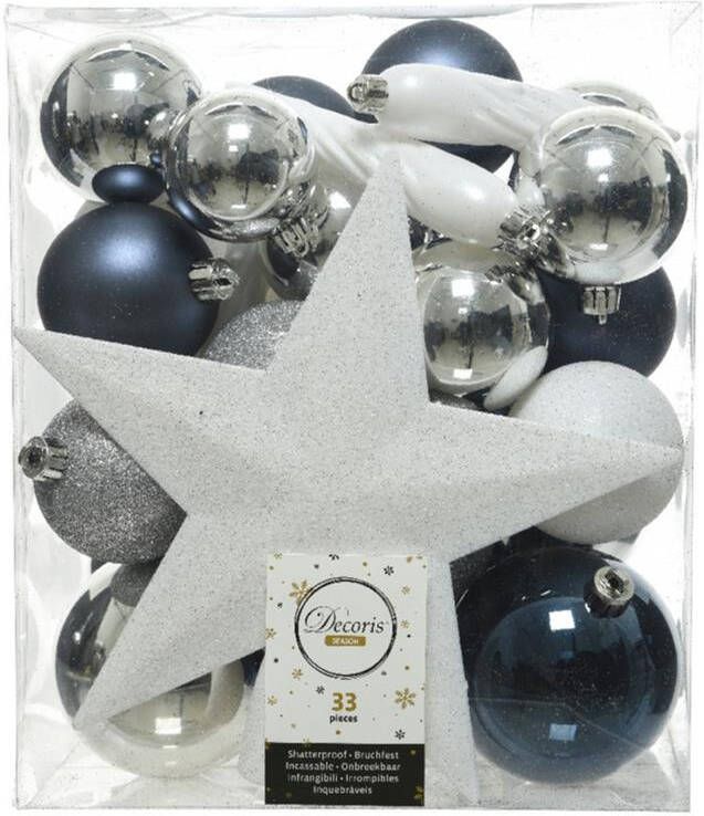 Decoris Kerstballen 33 st blauw-wit-zilver 5-6-8 cm