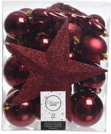 Decoris Kerstballen 33 stuks donkerrood mix met piek