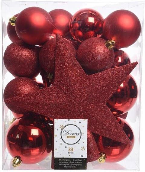 Decoris Kerstballen 33 stuks rood mix met piek 5-6-8 cm