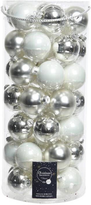 Decoris kerstballen 49x st wit en zilver 6 cm glas