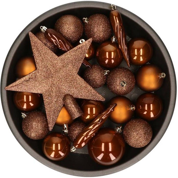 Decoris Kerstballen met piek 33st kunststof kaneel bruin 5-6-8 cm