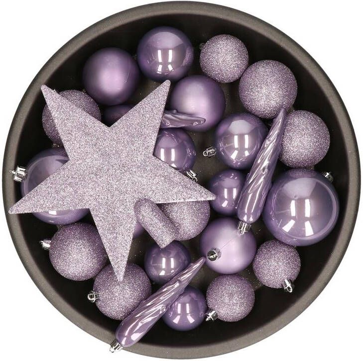 Decoris Kerstballen met piek 33st kunststof lila paars 5-6-8 cm