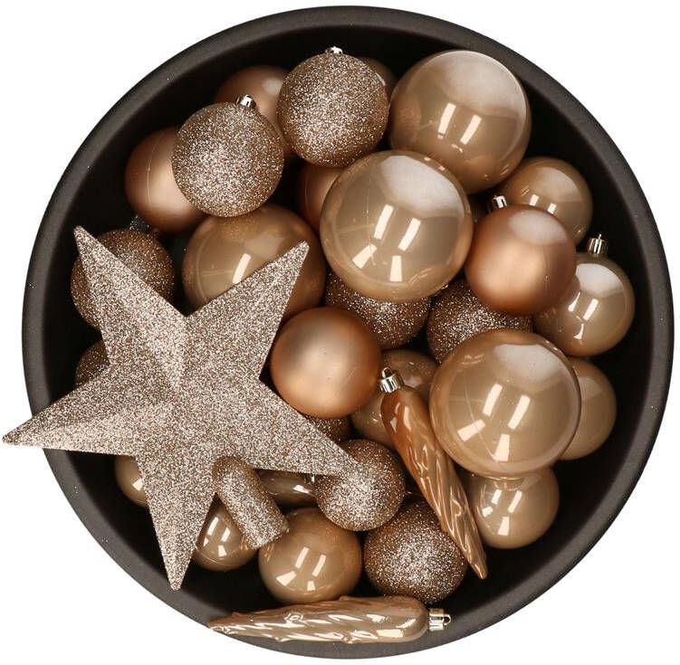 Decoris Kerstballen met piek 33st kunststof toffee bruin 5-6-8 cm