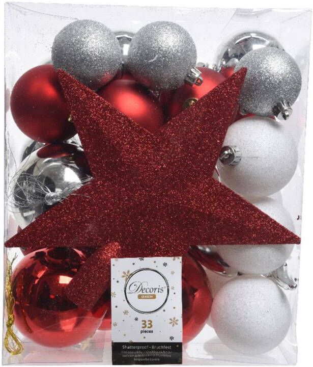 Decoris Kerstballen set 33-delig mix rood wit zilverkleurig