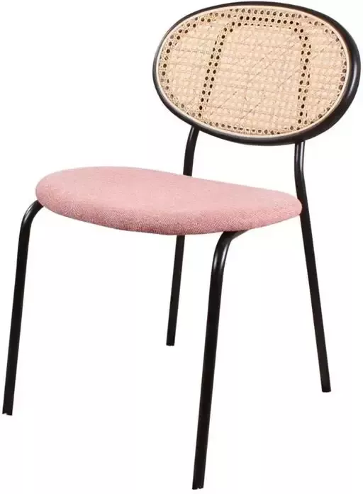 DS4U Cherry Eetkamerstoel Naturel Roze Retro design met eigentijdse touch Gevlochten rattan rugleuning Dikke stoffen zitting (polyester 100.000 martindale) Opvallend en bijzonder design Inclusief zwarte plastic beschermdopjes