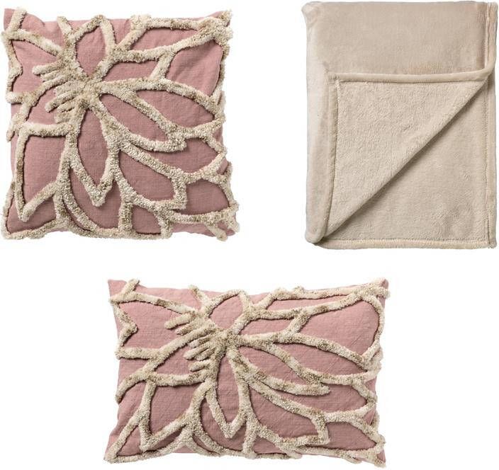 Dutch Decor Sierkussens en plaid Set van 3 OH MY DEER roze beige