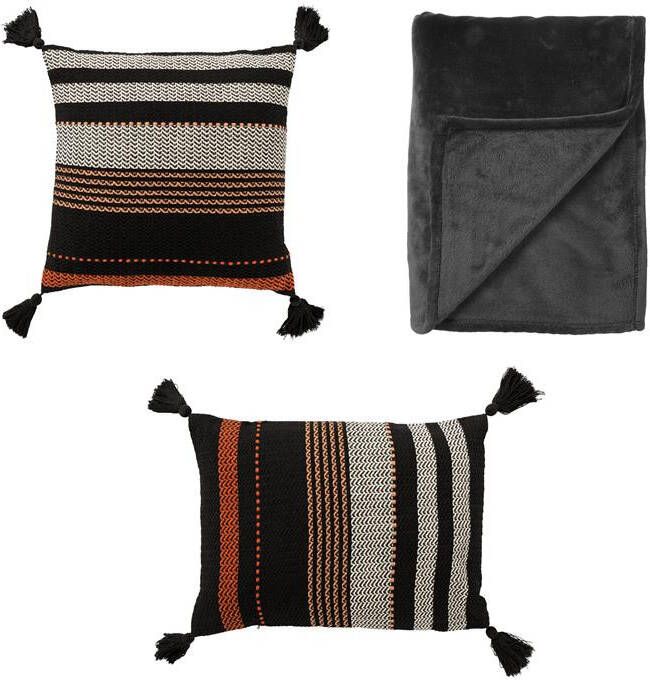 Dutch Decor Sierkussens met plaid Set van 3 FAR AWAY zwart