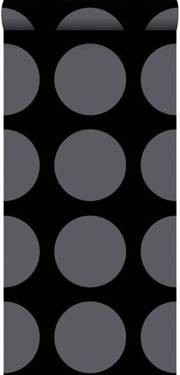 Esta Home ESTAhome behang bollen op linnenstructuur zwart en zilver 53 cm x 10