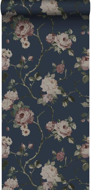 Esta Home ESTAhome behang vintage bloemen donkerblauw en oudroze 0.53 x 10.05